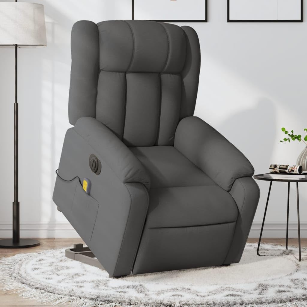 Sillón elevador eléctrico con masaje de 6 puntos y reclinación automática, gris oscuro de tela, función elevación y vibración, estructura estable de madera
