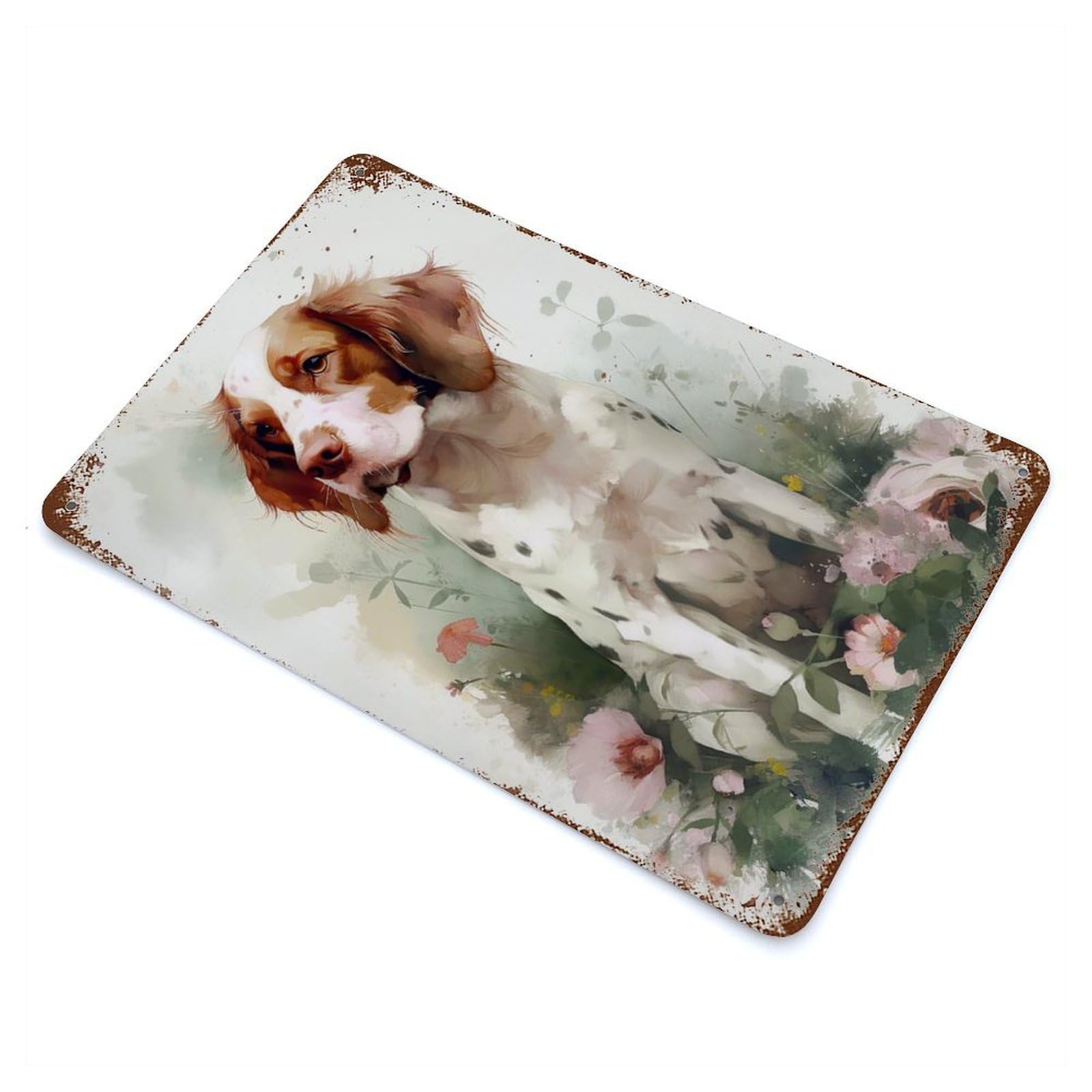 Rustic Tin Plaque Brittany Spaniel Flowers 11.8"x7.9", Rustic Home Decor for Office, Studio And Wall Decor