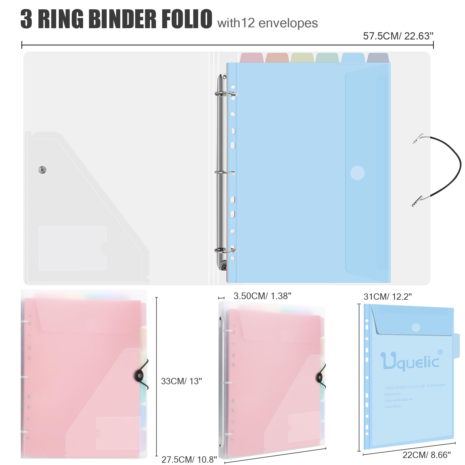 Uquelic Dokumentenmappe A4 zum Abheften, Ringordner A4 Schmal mit 12er Kunststoff Dokumententasche (6 Farben), Wasserdicht Ordner Organizer (Transparente Macaron)