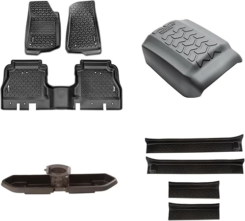 Rugged Ridge Paquete de inicio para Jeep Wrangler JL 2-Dr Revestimientos de suelo, soporte para teléfono de montaje múltiple, cubierta de consola