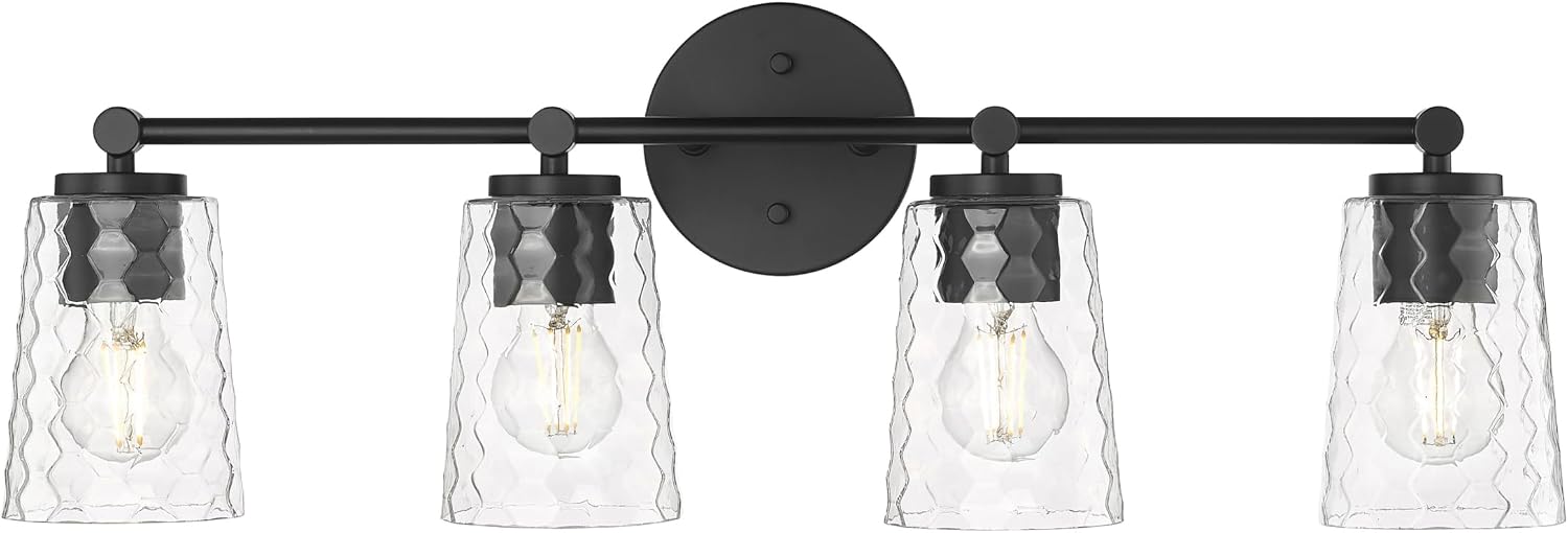 ML Lighting | Ashli Collection | 9234-MB | 4 Light Vanity in Matte Black Finish with Clear Honeycomb Glass Shade | Versatile Design That adds High-End Texture and Elegance to Your Bathroom