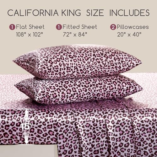 Image of MR&HM Satin Bed Sheets, California King Size Sheets Set, 4 Pcs Silky Bedding Set with 15 Inches Deep Pocket for Mattress (California King, Pink Leopard)