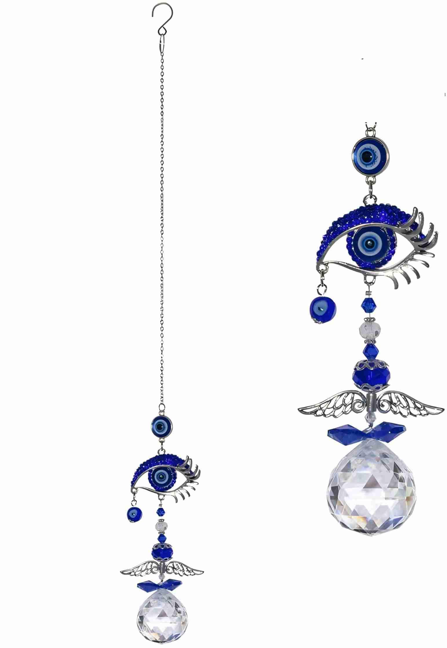 Belacasa Blue Glass Evil Eye Butterfly Angel Sunflower Talisman Crystal Sun Catcher Pendant Handmade Good Luck Charm, Office, Car Decoration, Blessing Ornament (1Pc Evil Eye)