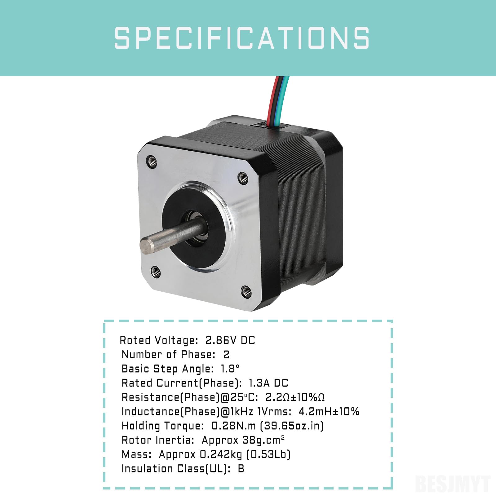 Nema 17 Stepper Motor 5-Pack – 0.28Nm (39.65 Oz.in) High Torque