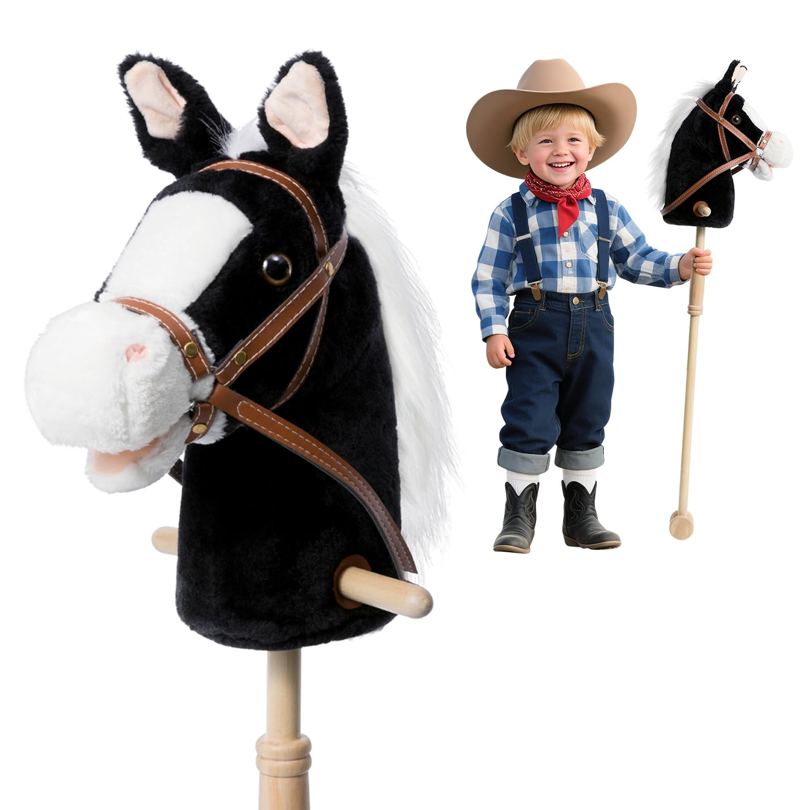 HollyHOME Stick Horse Plush Handcrafted Hobby Horse on a Stick with Wood Wheels Real Pony Neighing and Galloping Sounds for Kids Toddlers Black 36 Inches(AA Batteries Required)