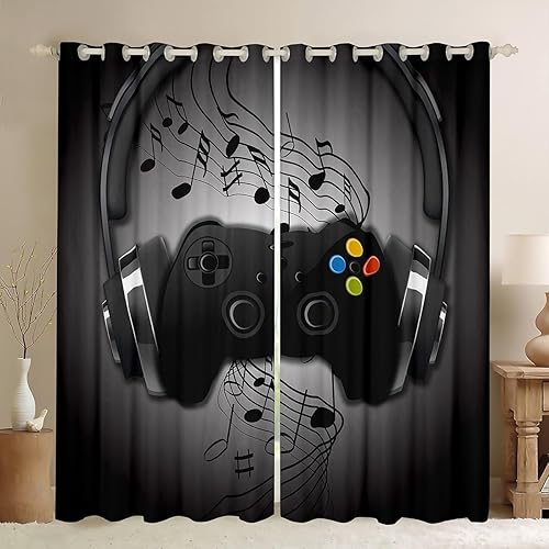 Cortinas de juegos negros y grises, con diseño de notas musicales, cortina de ventana de gamepad para niños, decoración de sala de videojuegos,