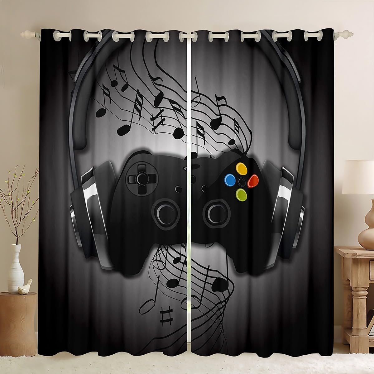 Games Curtains Black Grey Headphones Musical Notes Design Gamepad Window Curtain for Kids Boys Video Game Room Decor Cool Retro Playing Gamer Windows