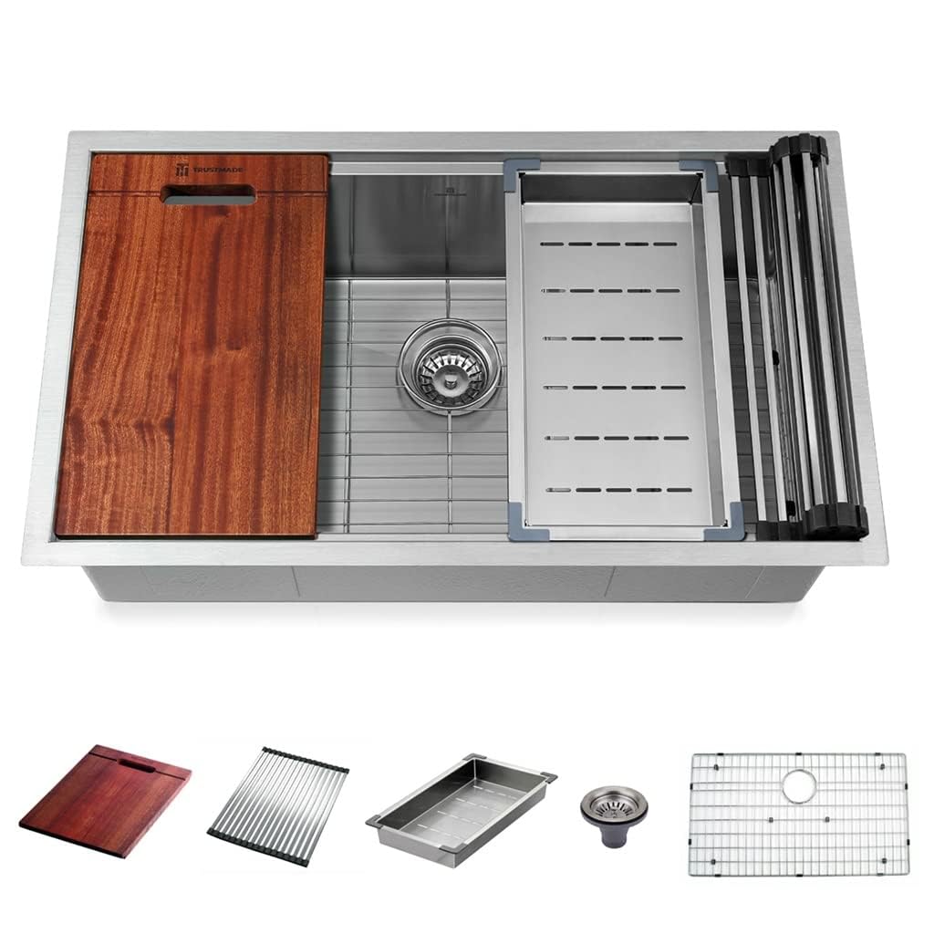 ZQFHSX Undermount Kitchen Sink - Handmade Single Bowl with Integrated Ledge and Drainboard, 5-Pack for Efficient Food Prep