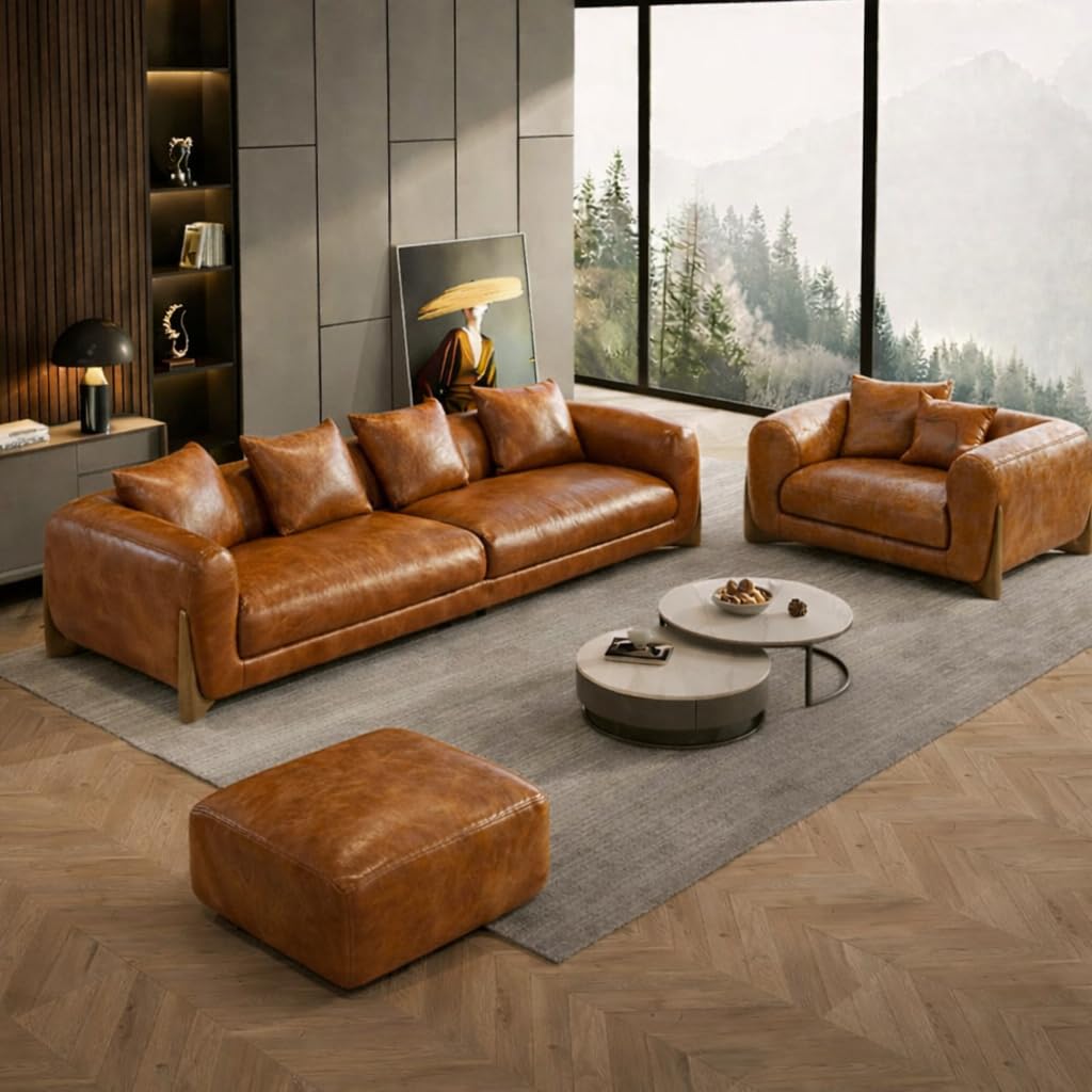 Premium Wooden Base Curved Cushioned (3+1+Ottoman) Seater Sofa with Cushion for Living Room, Office | Soft and Bouncy Comfortable Sofa for Home, Hall & Lounge(Tan Brown)-image-18