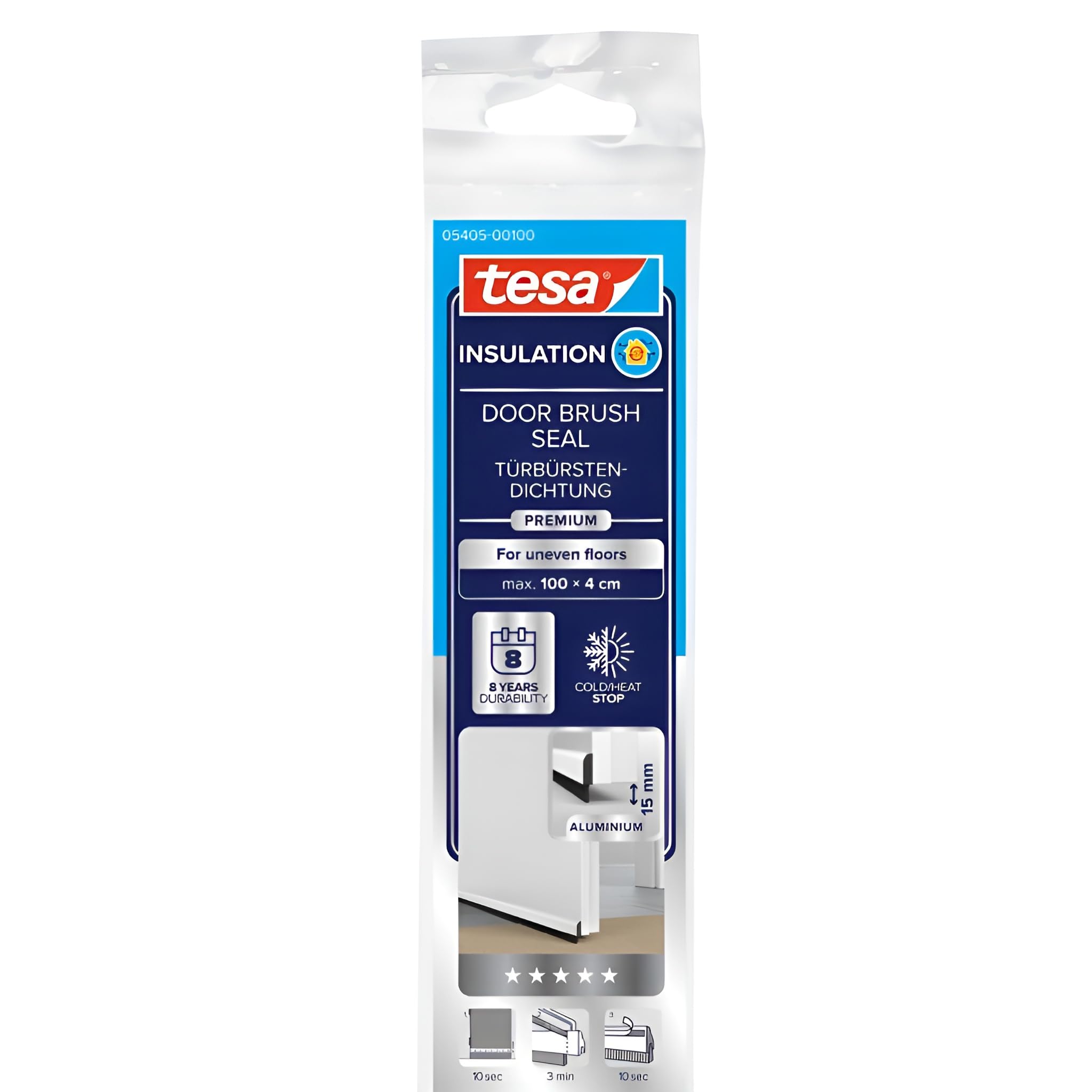 tesa INSULATION Premium Türdichtschiene für unebene Böden - Selbstklebende Alu-Türdichtung zum Schutz vor Zugluft - Weiß - mit Bürstendichtung bis 15 mm