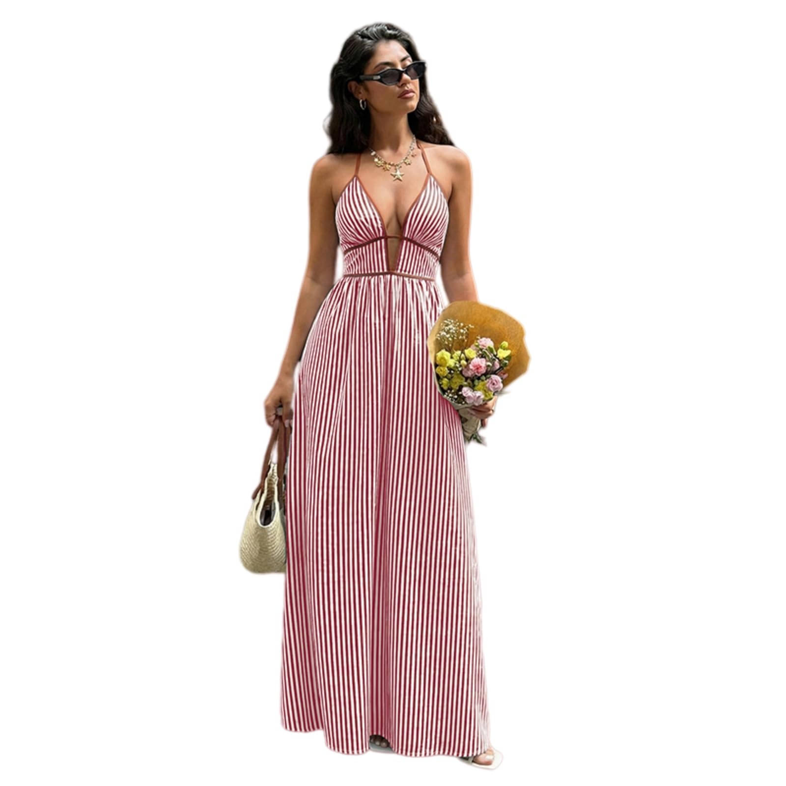 Vestito Abito da Spiaggia Estivo Senza Schienale A Righe Maxi Donna Profondo V-Sapphire Blue-XL