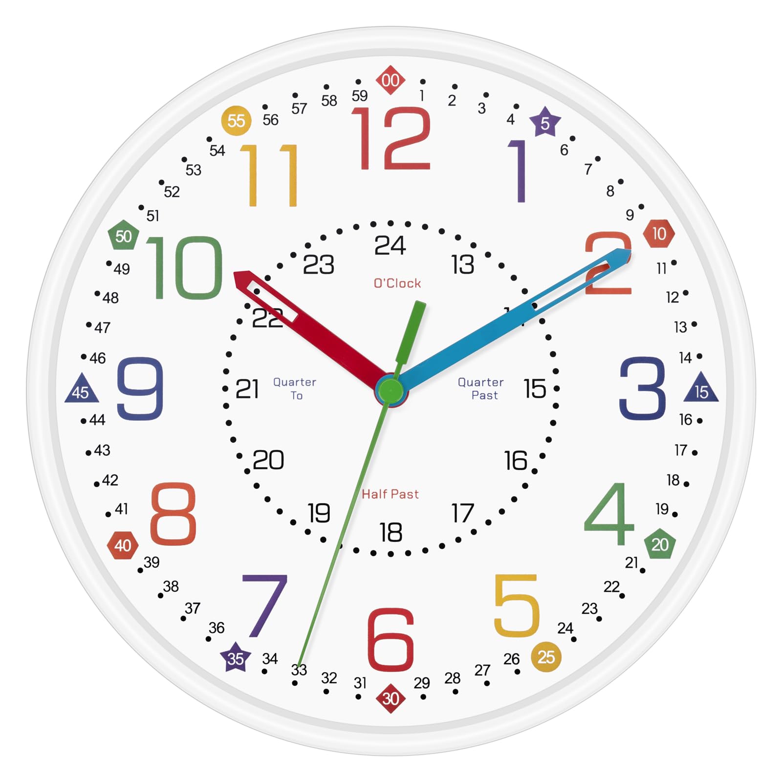 Foxtop 8 Inch Learning Wall Clock - Silent Non-Ticking Educational Teaching Clock for Classroom & Bedroom - Colorful Analog Time Telling Clock for Toddlers, Preschool & Homeschool