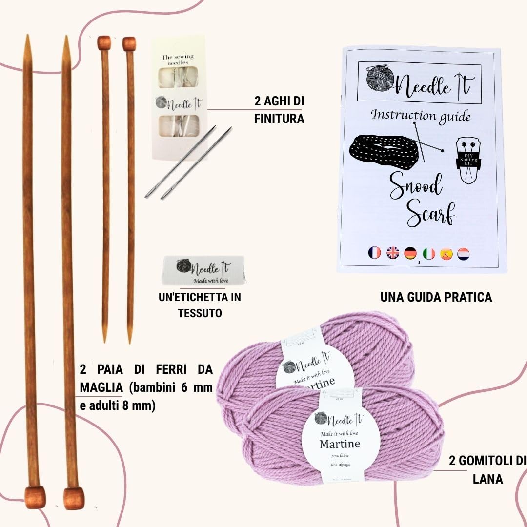 Needle It® Kit da maglia per principianti con ferri da calza - Snood da lavorare a maglia da soli - Per bambini o adulti - Idea regalo - Tempo libero creativo - Rosa