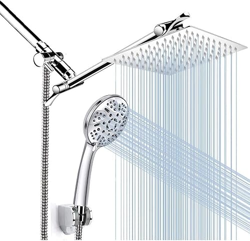 Combo de cabezal de ducha doble, cabezal de ducha de lluvia de alta presión de 8 pulgadas con cabezal de ducha de mano de 9 ajustes, con manguera de
