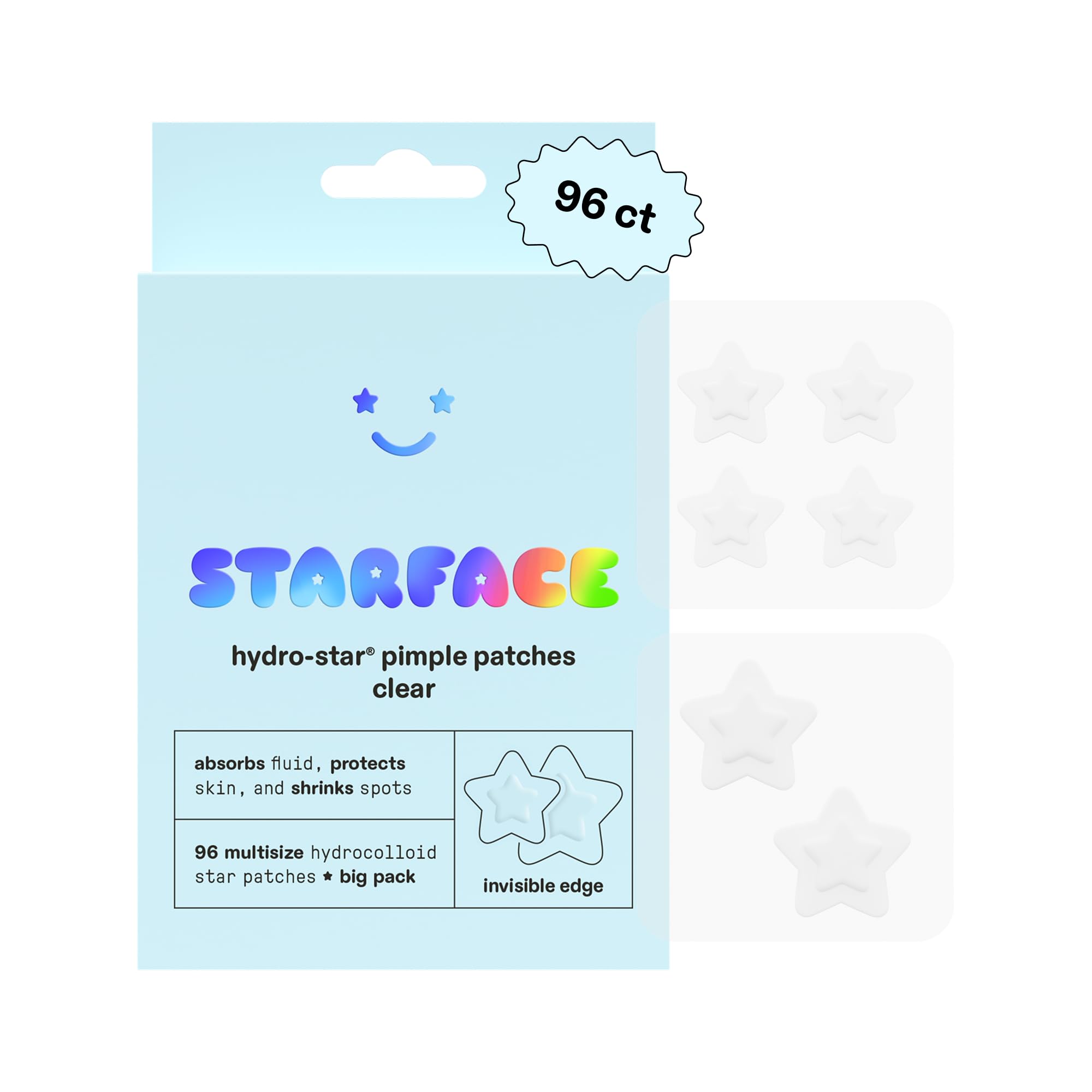 Starface Hydro-Star Clear BIG PACK, Invisible Hydrocolloid Pimple Patches, Two Sizes, Clinically Proven Spot Shrinking in 6 Hrs, Absorb Fluid, Reduce Redness, Vegan, Cruelty-Free Skincare (96 Count)
