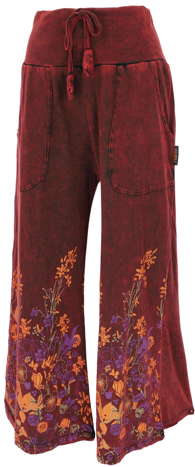 GURU SHOP Palazzo Pantalon Coton Pantalon Hippie à Fleurs Pantacourt Femme Coton Pantalon Alternative Vêtements, rouge bordeaux, W42