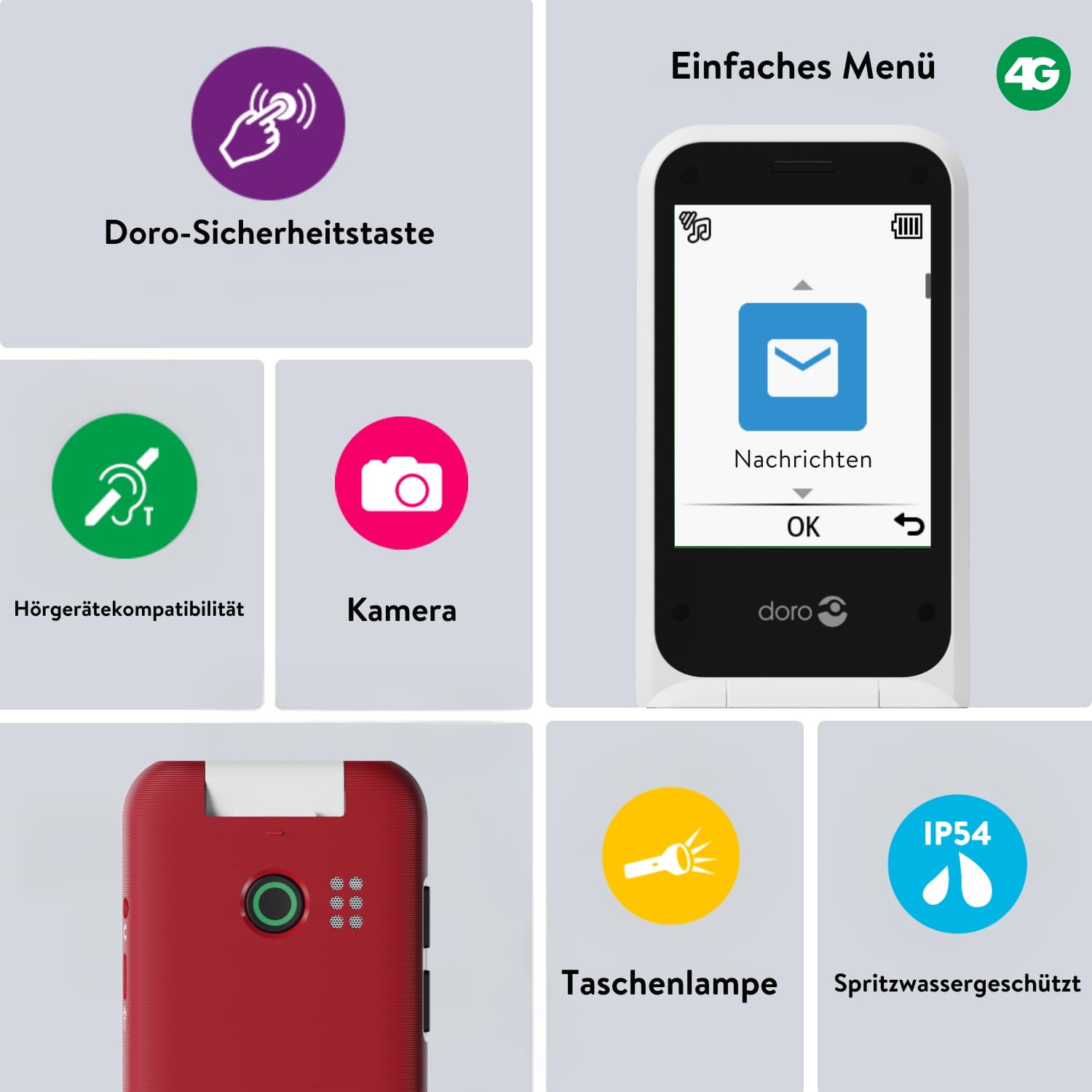 Doro - Telefon Leva E22 – 4G Klapphandy für Senioren – 2,8 Zoll Display, kontrastreiche Tasten, besonders klarer Klang, HD Voice, Kamera, Secure-Taste – Inklusive Ladestation – Schwarz/Weiß