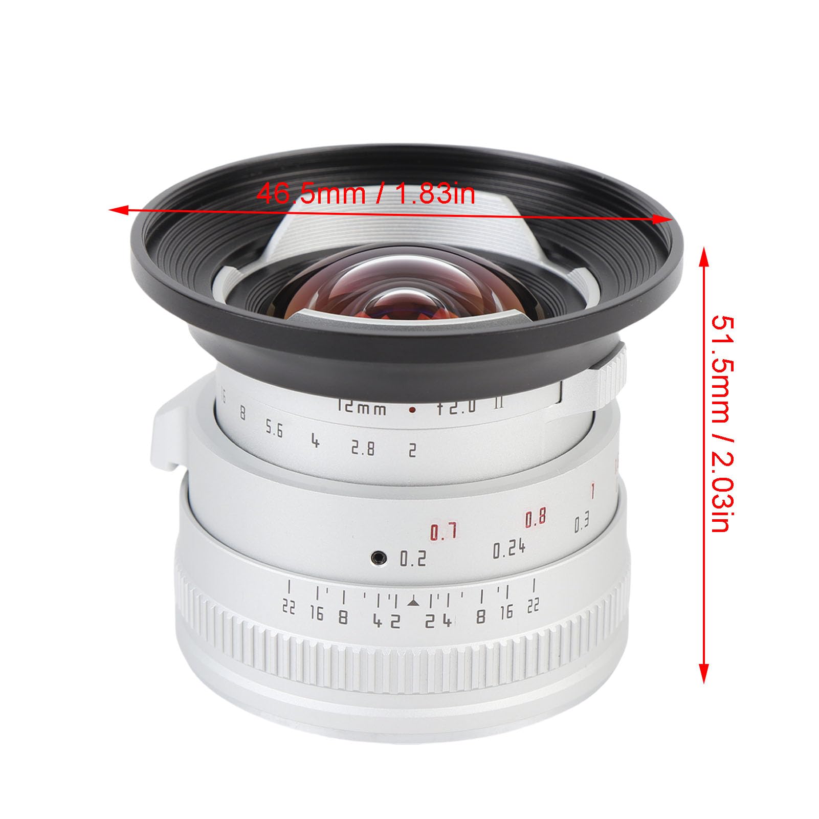 Lente de Gran Apertura F2.0 de 12 Mm, Lente Fija de Enfoque Manual con Diafragma de 10 Hojas para Cámaras con Montura M4/3 GF8 GF9 GH5 GH6 (Silver)
