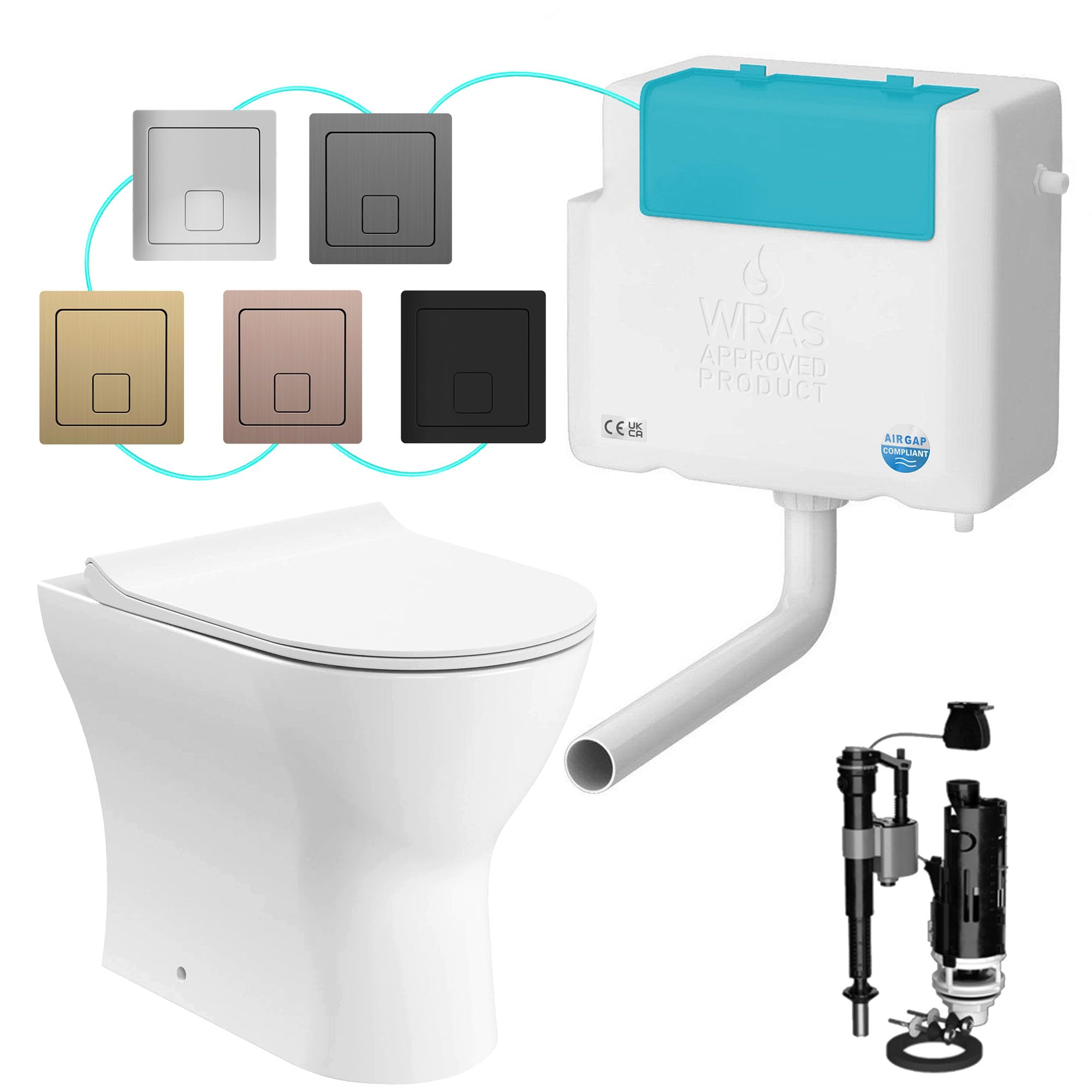 The Home Store Gunmetal Rimless Back To Wall Dual Flush Toilet & Bottom Entry Concealed Cistern Set With Square Flush Plate - Ceramic Insulated Rimless Technology Quiet Flush (Gunmetal)