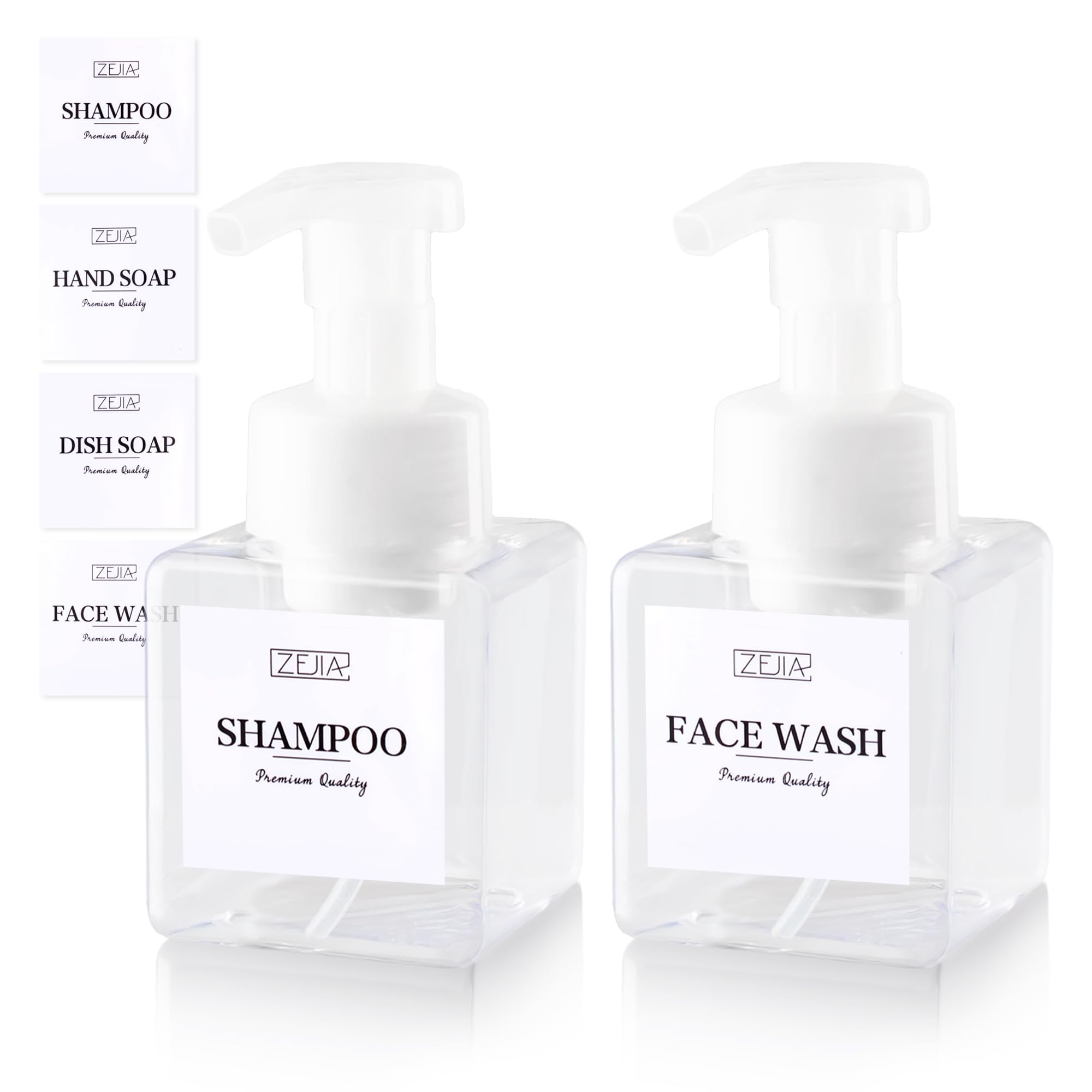 ZEJIA 250ML Foaming Soap Dispenser, 2-Pack Plastic Hand Soap Dispenser, Refillable Leakproof Foam Pump Bottle with Waterproof Labels, for Shampoo,