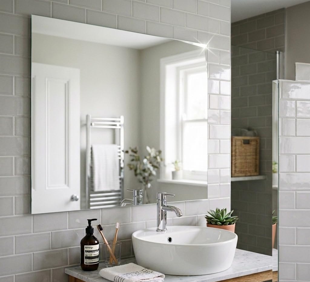 RUKAN MirrorFrameless Rectangular Wall Mirror, 24 x 24 Inch, Beveled Edge Glass, Unframed Decorative Mirror for Bathroom, Bedroom, Living Room, Entryway & Dressing Area-image-10