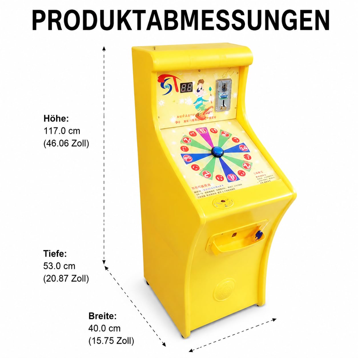 Gelber Arcade Automat, Münzbetriebener Kinderspielautomat mit Murmel-Launch, 55x40x110cm, für Spielzimmer & Kindergeburtstage , Klassisches Arcade-Design