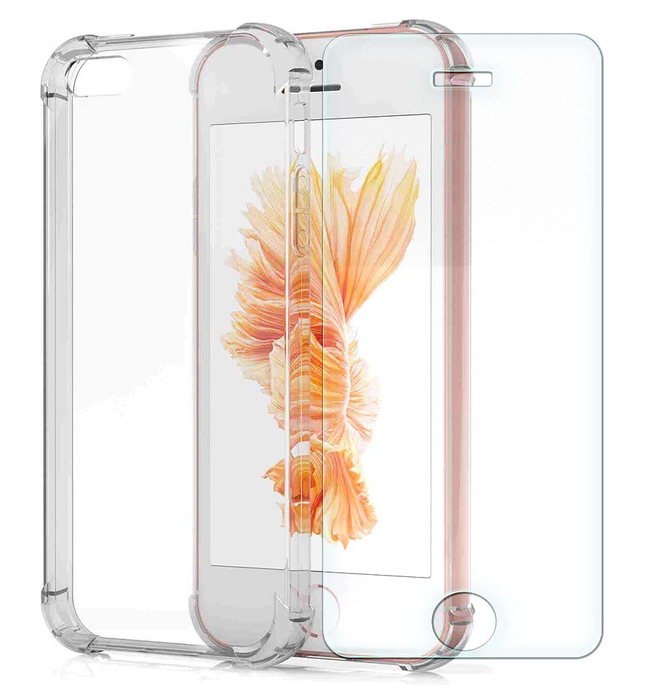 Case Compatible with iPhone SE (2016-2019) 5 5s, Soft Gel Clear Cover [Airbag Corners] + Tempered Glass Screen Protector