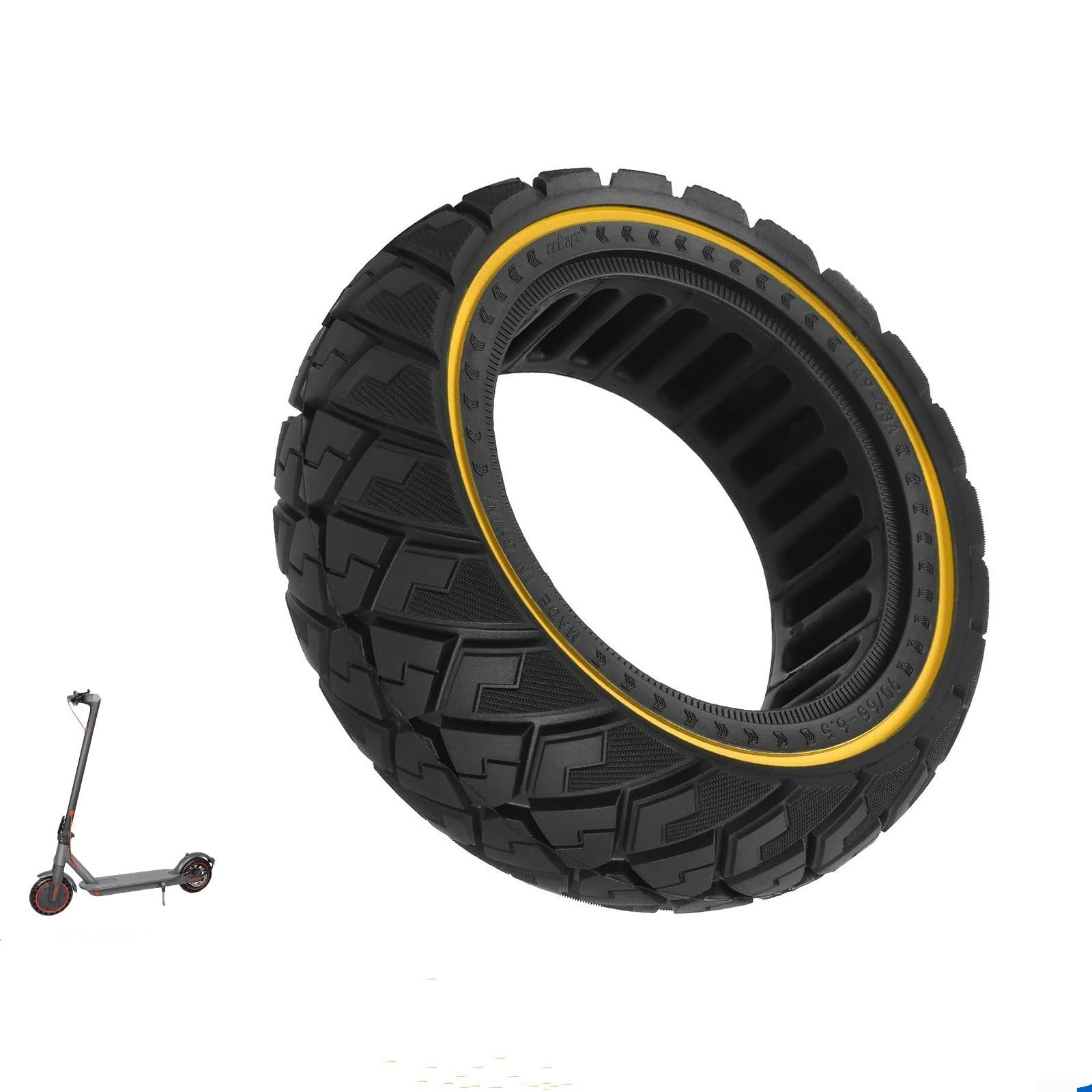 Pneumatico solido per scooter 90/65-6,5 pollici con battistrada diamantato per uso fuoristrada, a prova di foratura per struttura a nido d'ape, design antiscivolo a strisce gialle