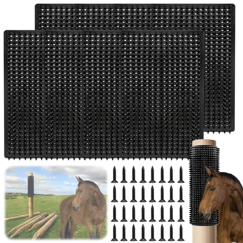 PRITOK Kratzmatte für Pferde: 2 Stück Pferd Kratzbaum Pad mit Heringen, Kratzbürste für Nutztiere, Soft Touch Juckreiz Entlastung Pad für Rinder, Ziegen, Schafe, Kuhbürste im Stall(Schwarz, 36x30 cm)