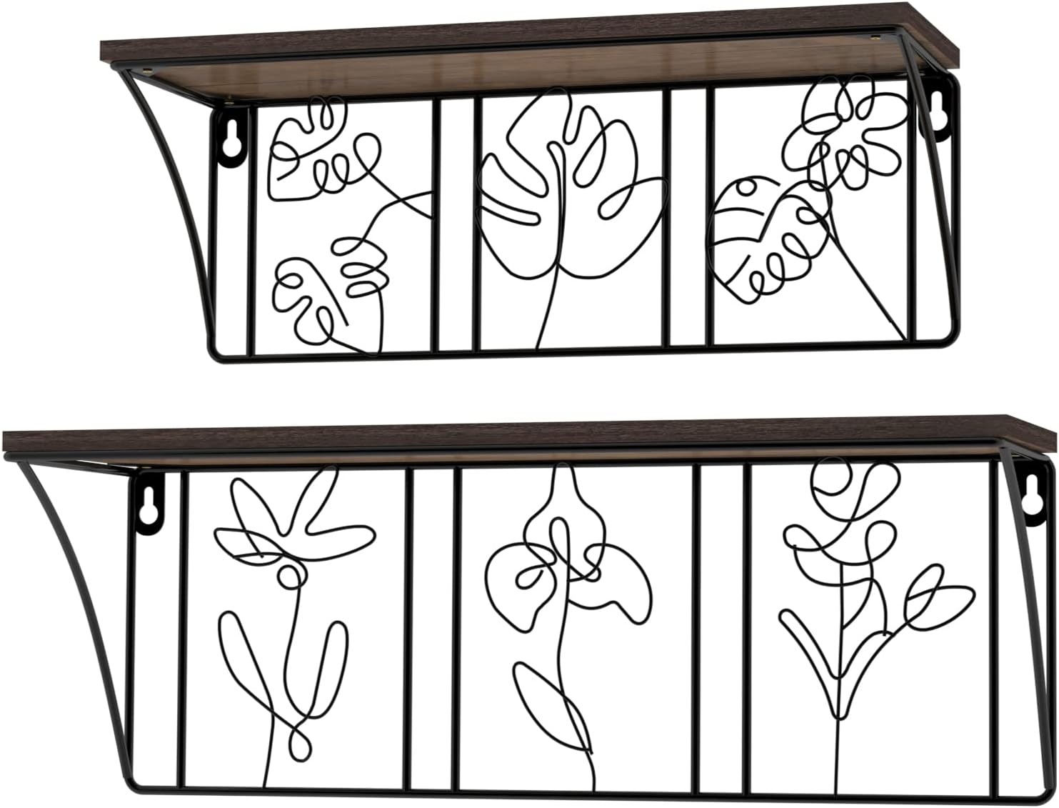 QUTREY Plant Wall Art Floating Shelves Set of 2, Minimalist Metal Abstract Decor Rustic Wooden Shelf for Living Room, Bedroom, Bathroom
