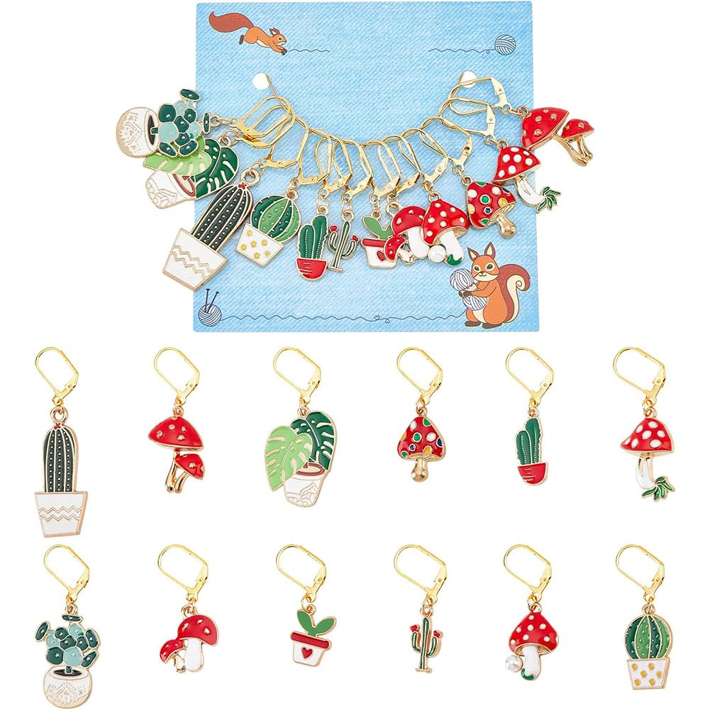NBEADS 12 Pcs Plant Stitch Markers, Cactus Leaf Mushroom Alloy Enamel Crochet Stitch Marker Charms Locking DIY Handmade Gift for Knitting Weaving Accessories Quilting Handmade Jewelry