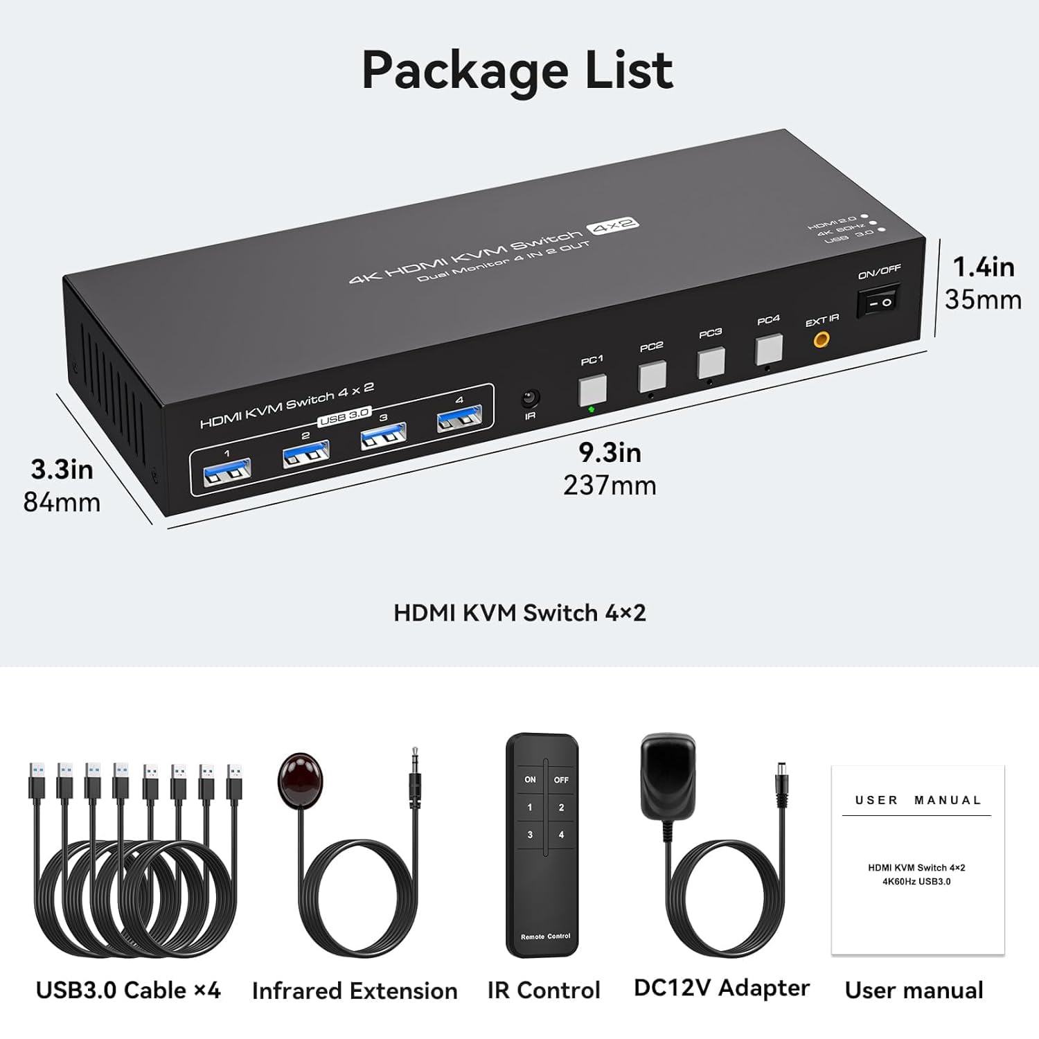 VPFET 4 Port HDMI KVM Switch 4 PC 2 Monitore 4K60Hz KVM Switches Simulation EDID für 4 Computers Aktie 2 Monitor und 4 USB 3.0 Port Inklusive DC12V Adapter und 4 USB3.0 Kabel