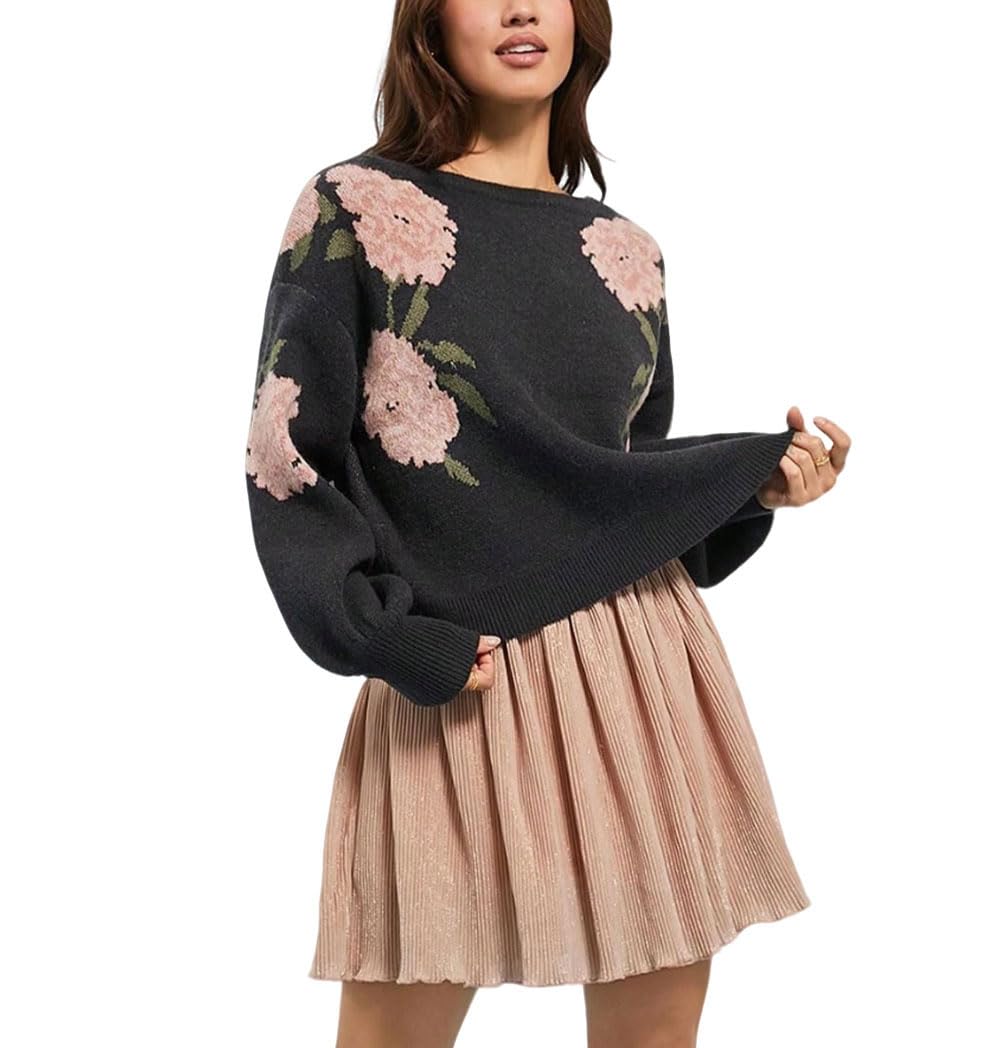 Womens Floral Print Sweater Cropped Loose Fit Off The Shoulder Pullover Sweaters Fall Tops