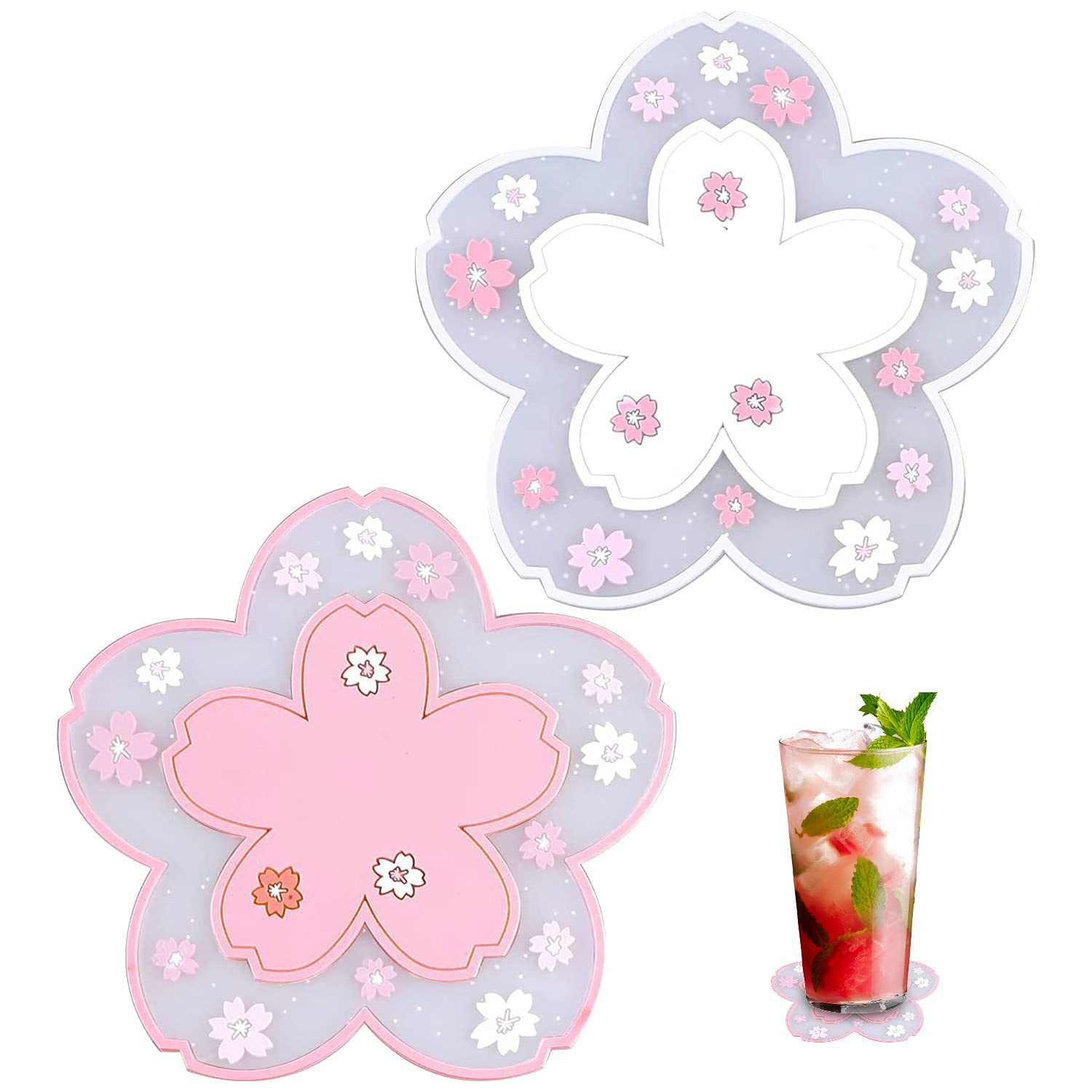 Durable Non-Slip Sakura Coasters, Cherry Blossom PVC Bowl Mats, Bling Cup Pads, Silicone Pad Placemat, Cute Flower Coaster, Anti-Slip Tea Tableware Cushion for Drinks, Protecting Tables From Scratches - White and Pink 5 x 5