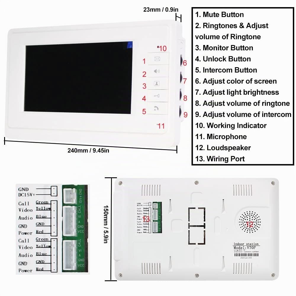 YiToo Videocitofono da 7 pollici Cablato Sistema di campanello per telefono del portello Un monitor per interni con una 700TVL fotocamera esterna, impermeabile a infrarossi visione notturna