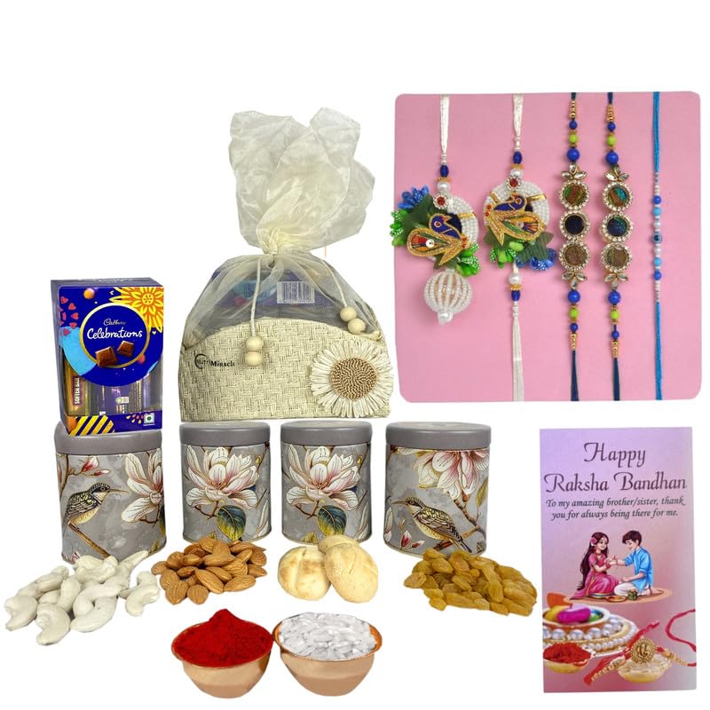 Image of NUTRI MIRACLE Rakhi Gifting Loaded with Almonds, Pistachios, and Handcrafted Chocolates | Anniversary Celebration Box with Nut Clusters and Treats