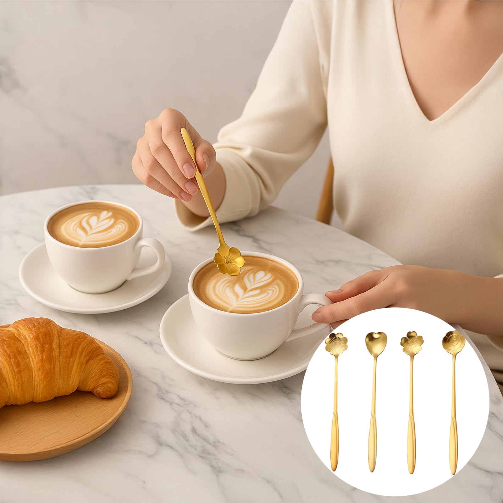 Lot de 80 cuillères à café en acier inoxydable plaqué or avec motif fleur de cerisier, quatre formes distinctes de tête de cuillère, manche court, parfait pour les desserts, le thé et les