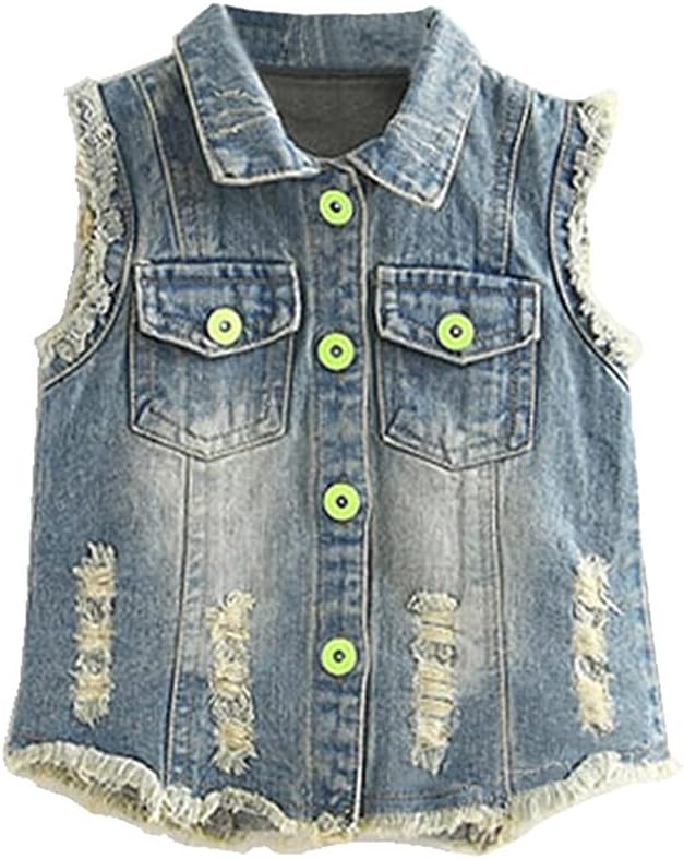 Mud Kingdom Denim Vest for Little Girls Button-Down Sleeveless Outerwear Lapel Retro Ripped