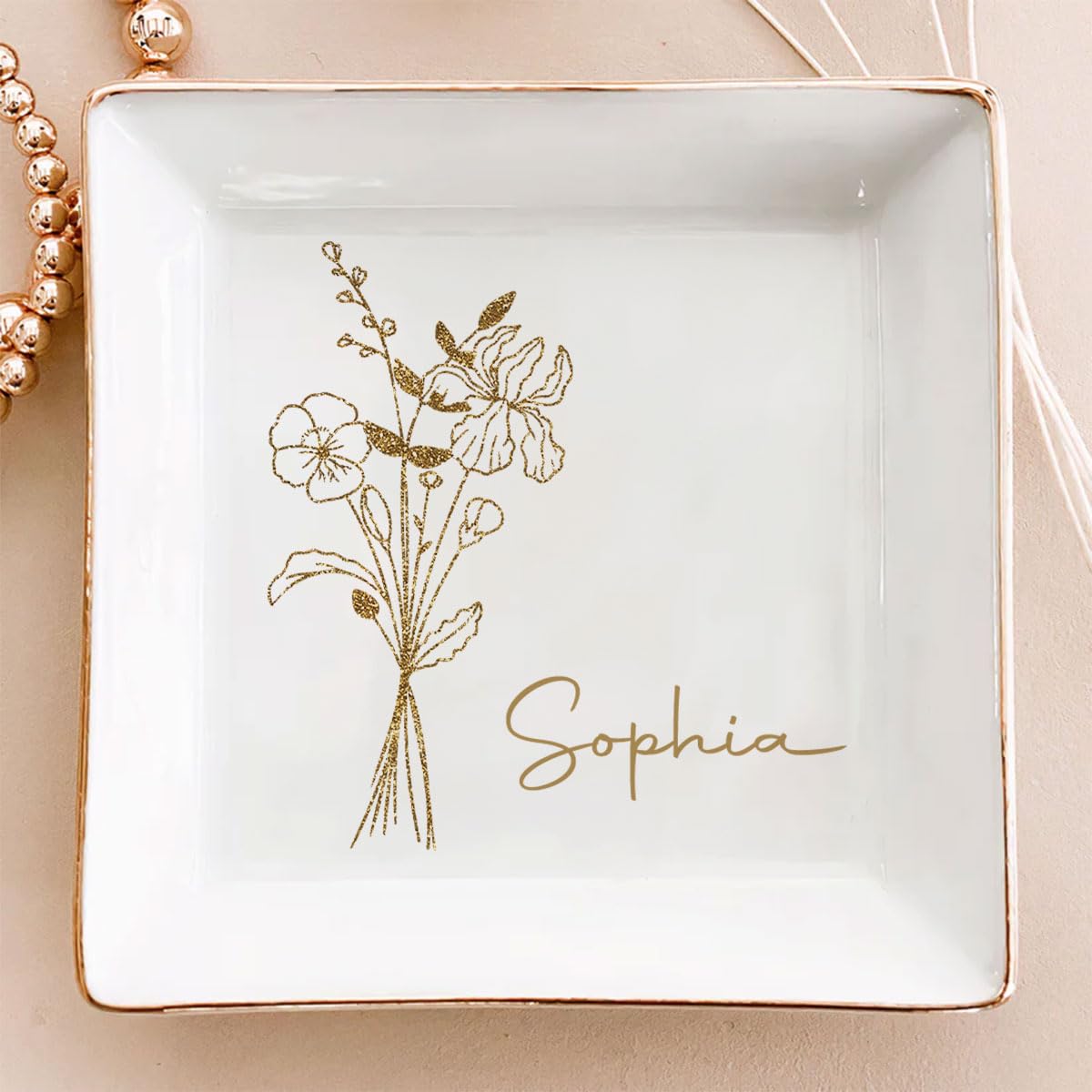 Wrappiness Personalized Birth Month Flower Jewelry Dish, Glitter Custom Name Trinket Tray Ring Holder Dish, Birthday Gifts for Her Women Friends BFF Besties Sisters Daughter Granddaughter Bridesmaid