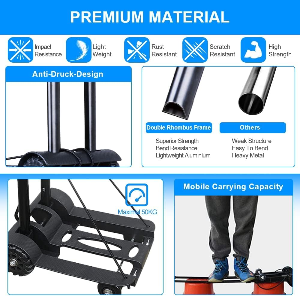 Carrello Pieghevole, 50 kg Carrello con Ruote Portatutto con 2 Corde Elastiche, Carrello Pieghevole per la Spesa e il Sollevamento di Carichi Pesanti