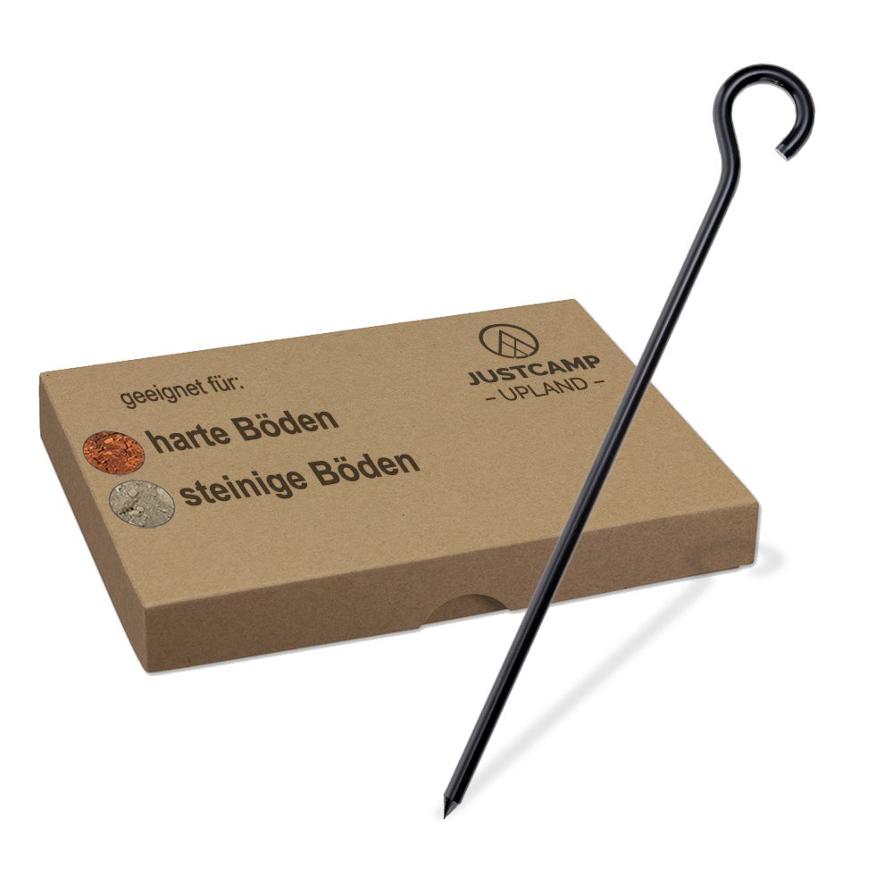 JUSTCAMP Upland Stahl-Erdnagel mit großer Öse 30 cm - Robuste Felsbodenheringe aus beschichtetem Stahl für Harte & steinige Böden - Sturmheringe Camping Erdnägel - 96 Stück