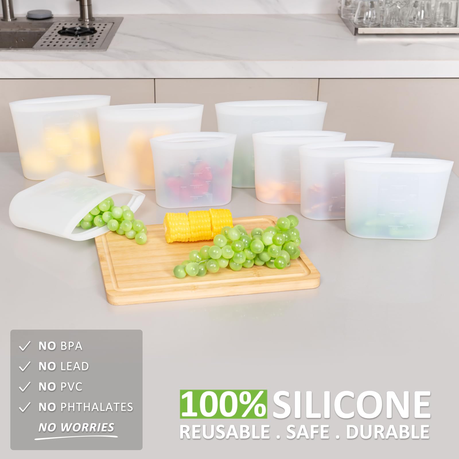 Sacchetti riutilizzabili per sandwich e snack, confezione da 8 sacchetti in 100% silicone con chiusura a zip, per contenitori per alimenti, congelatore, microonde, forno a lavastoviglie, 4