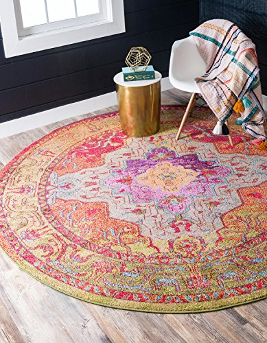 Unique Loom Vita Collection Traditional Bohemian Vintage Over-Dyed Colorful Saturated Area Rug, 4  0 x 4  0 Round, Multi Pink