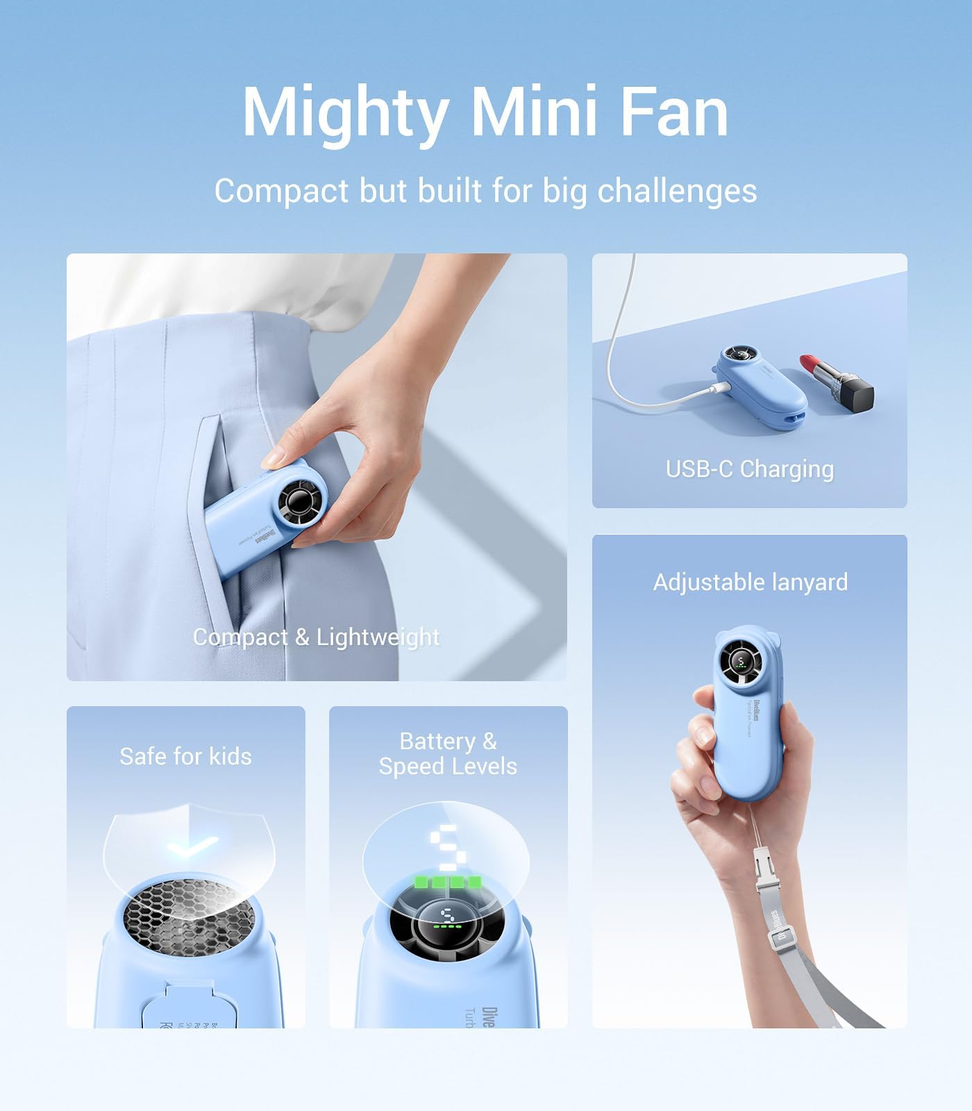 Diveblues TurboBear Mini Turbo Ventilatore, 8,8m/s Raffreddamento Veloce, 86,5g Ultraleggero, 5 Velocità, Batteria 2000mAh Ricaricabile, Compatto per Viaggi, Festival & Outdoor