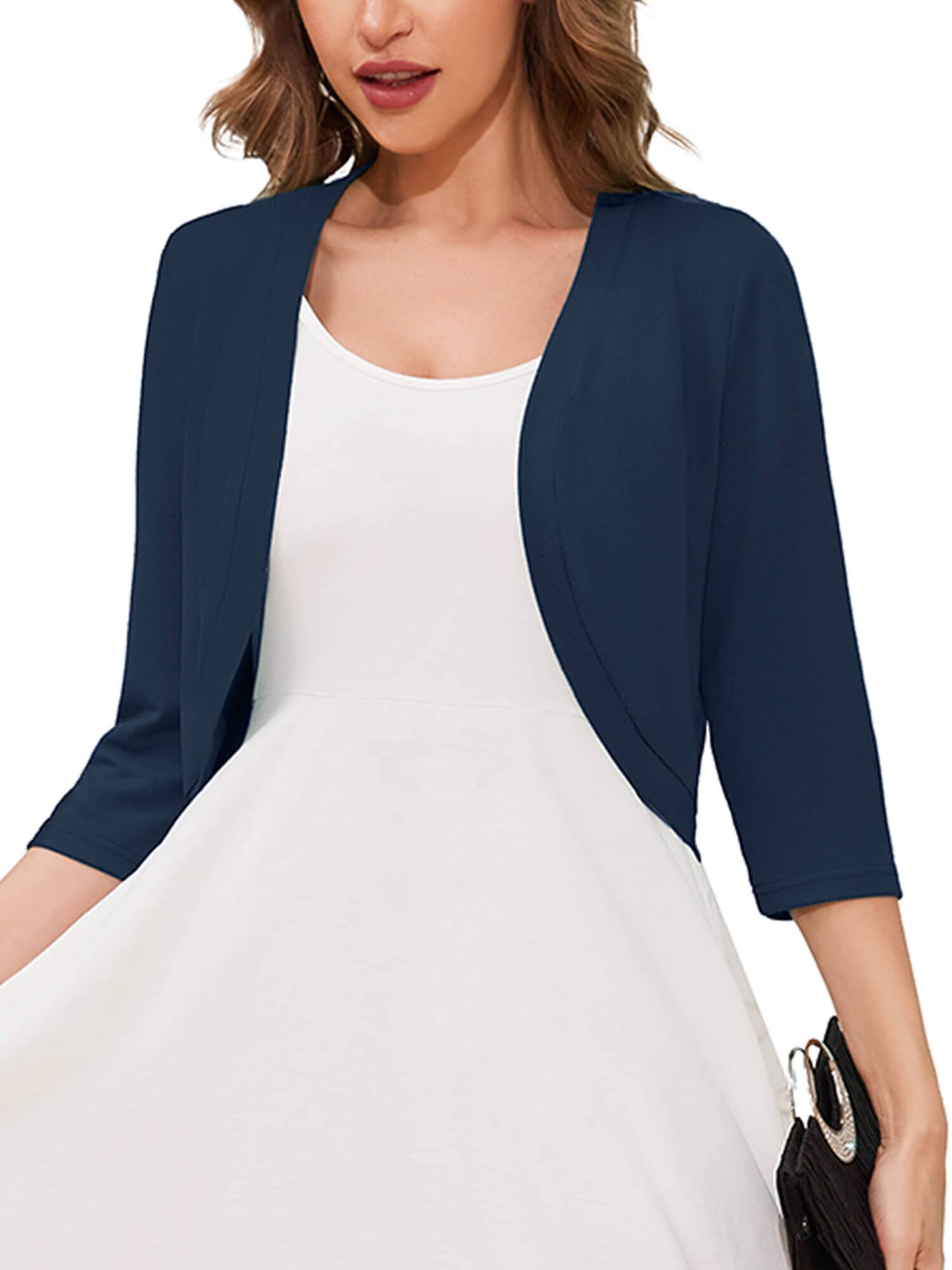 3/4 Sleeve Open Front Lightweight Cropped Bolero Shrug Cardigan | Soft breathable knit, 3/4 sleeve cropped cut, open front layering, versatile cover up for dresses, women's casual fit