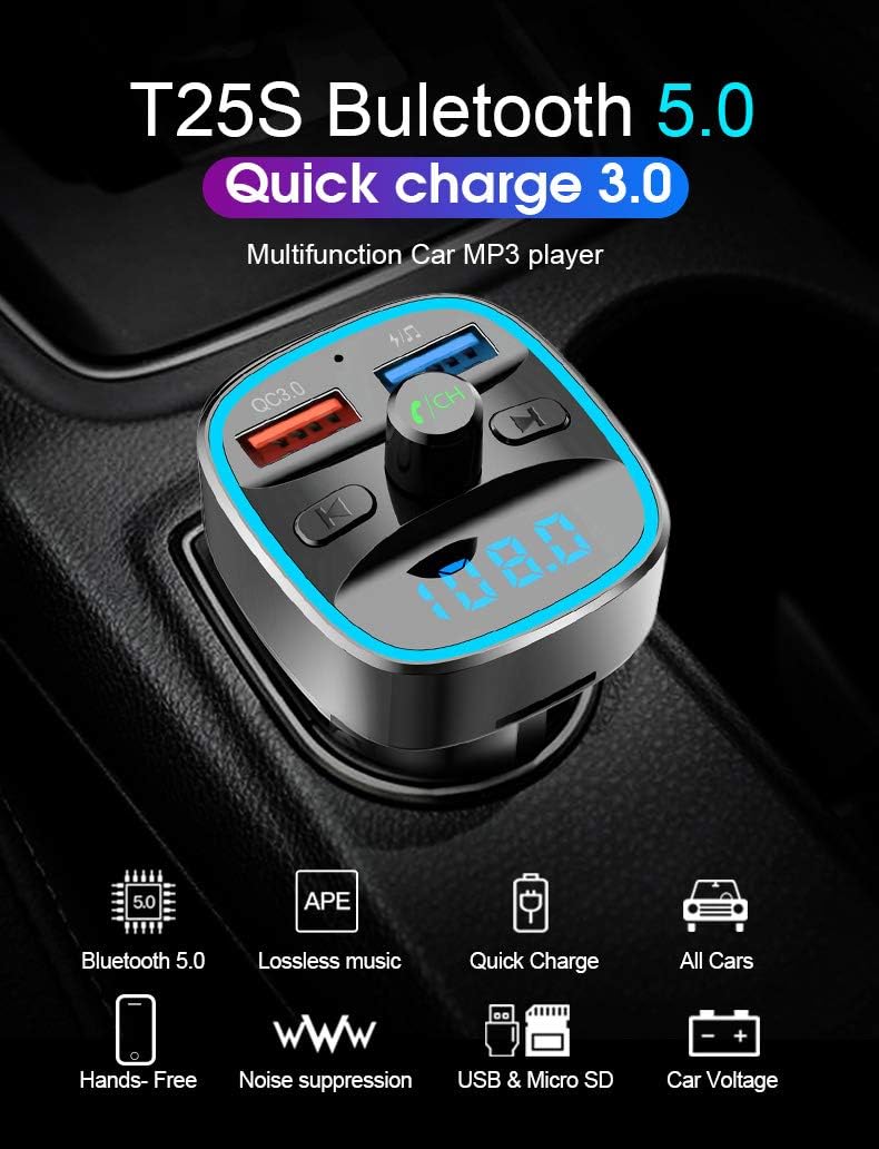 FM Transmitter for Car Bluetooth 5.0 Music Player - Handsfree car kit - QC3.0 USB Charger for car - MP3 Player FM Transmitter Bluetooth Adapter Support SD Card USB Flash Drive [Upgraded Version]: Car Electronics
