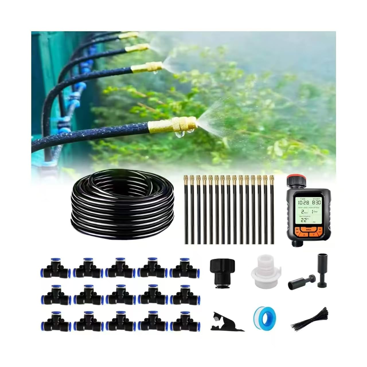 Nuevo kit de riego por goteo, sistema automático de riego de jardín, conector rápido y boquilla de cobre atomizadora de 360 grados, sistema de riego para plantas de jardín, césped, patio (15 boquillas