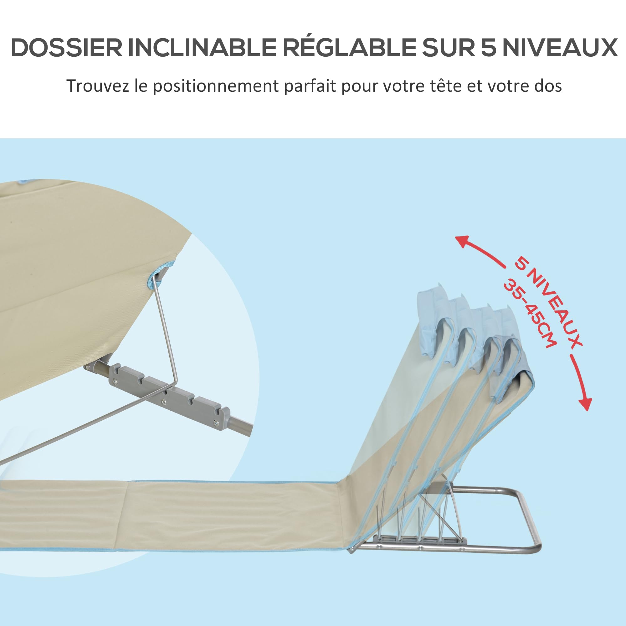 Outsunny Lot de 2 Tapis de Plage pliants Matelas de Plage avec Dossier réglable 5 Positions, Appui-tête réglable, Tissu Oxford, Sac de Transport Inclus, dim. 124L x 53l x 35-45H cm