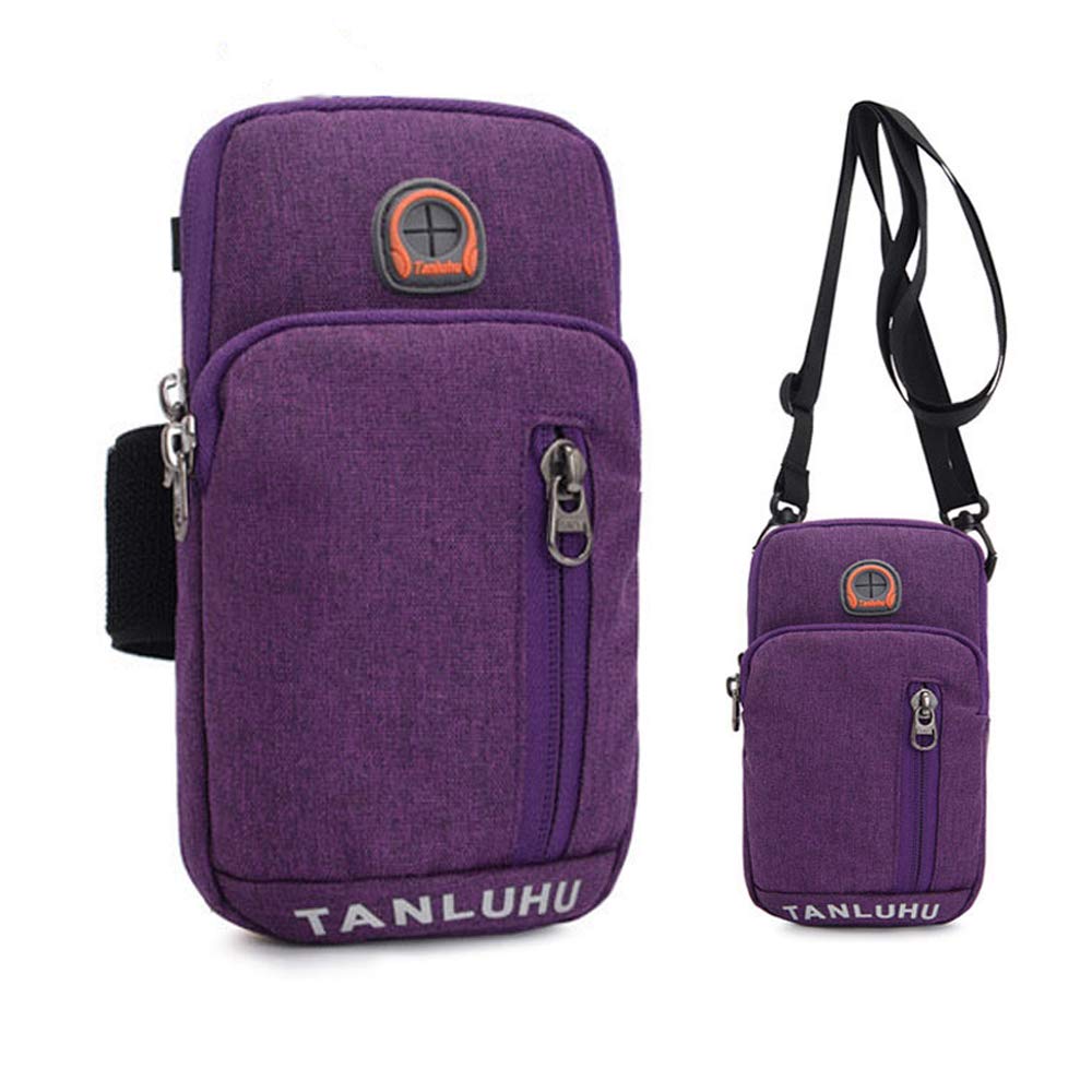 Nylon Cell Phone Arm Bag Mini Crossbody Shoulder Purse Sports Gym Running Armband Wristband Belt Holster Pouch with Clip ID Card Slot/Earphone Hole Wallet Case for 4"-6.5" Smartphone Holder (Purple)