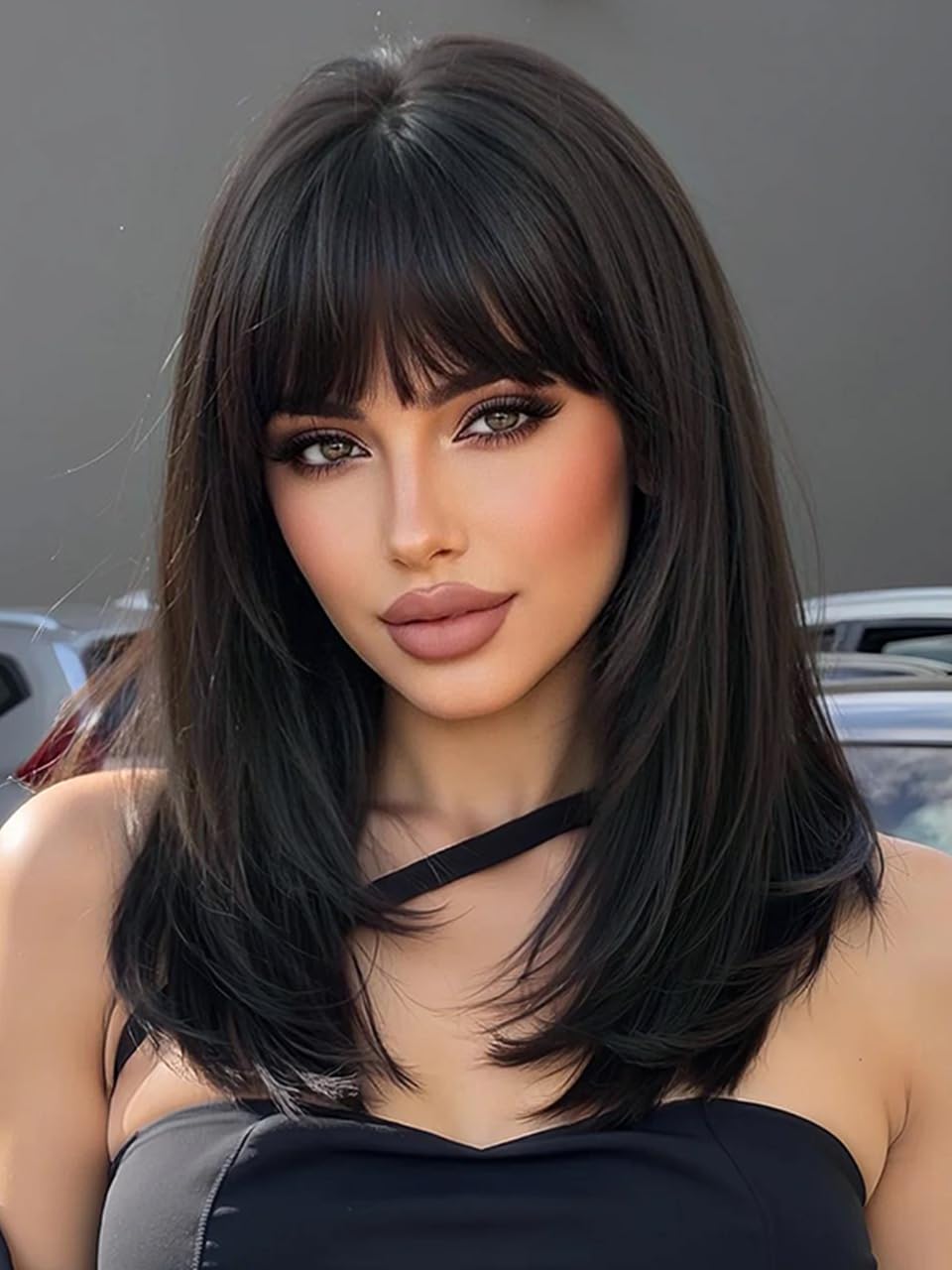 AISI HAIR 【Beginner Friendly Wigs】 Natural Black Wig with Bangs for Women, Middle Length NaturalLayered Straight Wig for Daily Party